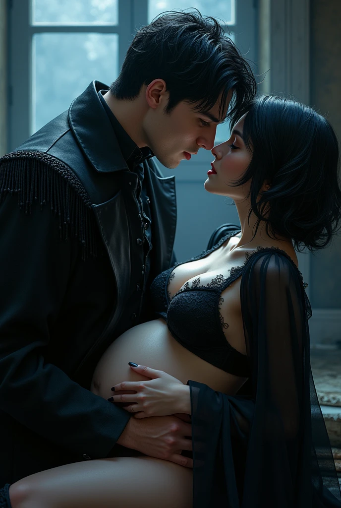 Bee is kneeling front her vampire husband Jason.jason bite her neck 

Jason :male,White man, black hair,blue eyes, He looks handsome and cool.rough

Bee:A girl with short hair, black hair, brown eyes she fair skin, pregnant appearance, huge breasts,beautiful, sexy 

