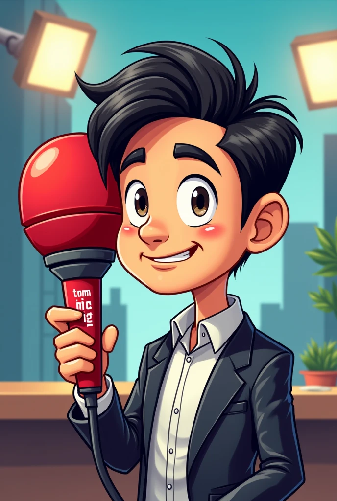 Draw a male journalist with an Asian face.  He was holding a red microphone as big as his head.  Microphone has the word TOM mic on it. Cartoon picture