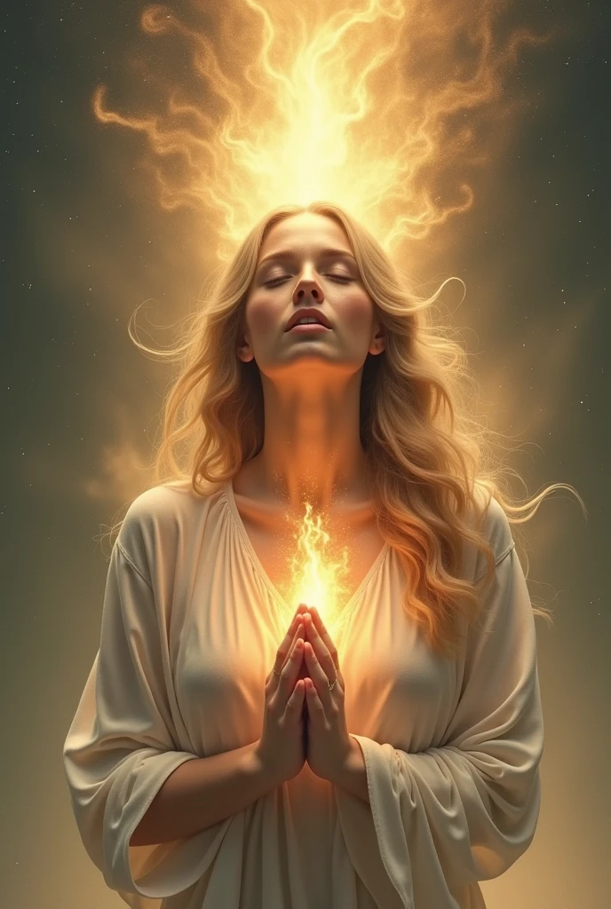 Create Image of Woman from Front Receiving the Spirit of God Inside Her,from his head on top a tongue of fire,Around her a light flame, very soft and delicate
