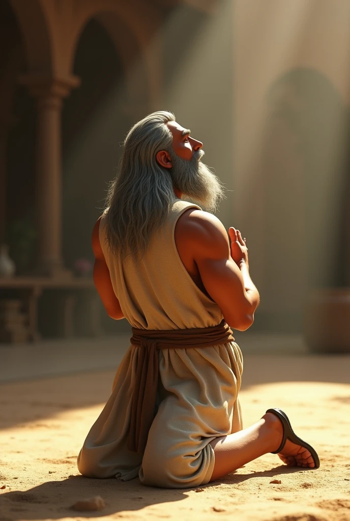 STRONG SLIM MAN WITH LONG UNCUT GRAY BEARD, GRAY HAIR, DOWN TO HIS SHOULDERS, BROWN EYES, SUN TAN SKIN, DRESSED IN BEIGE LINEN TUNICS COVERING HIS WHOLE BODY, SIMPLE BROWN LEATHER SANDALS, HE IS KNEELING PROSTRATE EXPRESSING REVERENCE, DOING A PRAYER. 
A LIGHT FROM ABOVE WAS OVER HIM, 3D PIXAR CARTOON STYLE, CINEMATIC, WORK OF ART, DRAMATIC,DYNAMIC VIEW, WHOLE BODY.