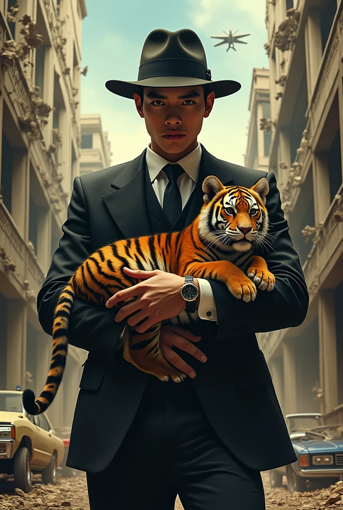 poster film action,Portrait of an ung Asian man wearing a mafia outfit holding a young woman and a small tiger cub,in a ruined building,api,car,motor,aircraft,ledakanreal best quality