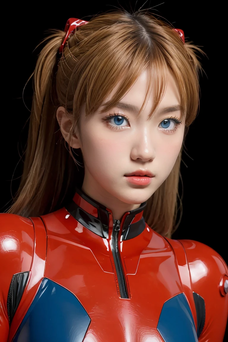 (Masterpiece: 1.4, highest quality), (intricate details), Unity8k wallpaper, super detailed, beautiful and mysterious, detailed background, realistic, solo, perfect detail face, detailed blue eyes, very detailed, blush, hair ornament, chignon mahogany hair, (blonde hair), plug suit 02,Shikinami Asuka Langley, Evangelion, slender , full body suit, black background, Above the waist