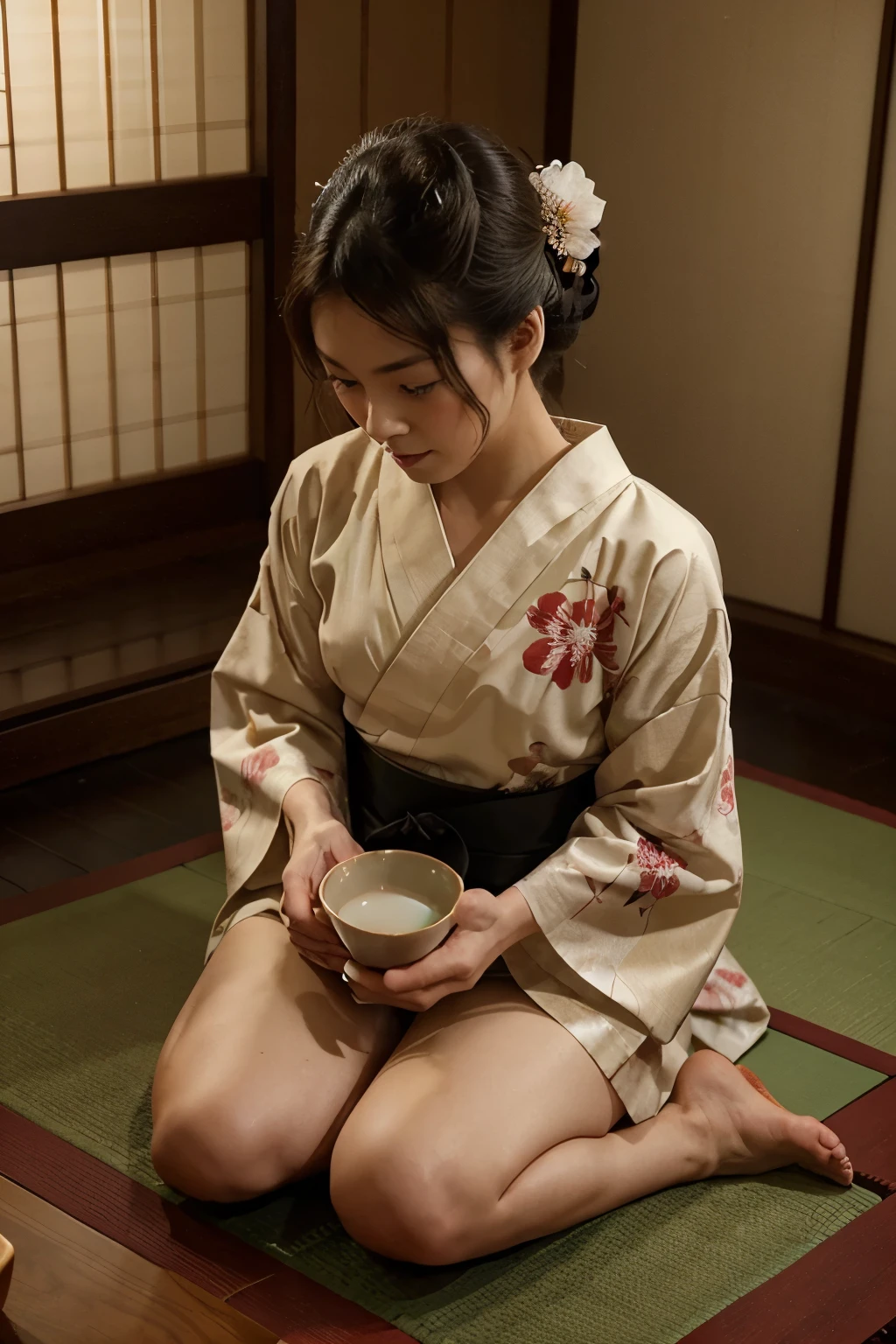 A serene scene of a geisha seated on a tatami mat, gracefully serving tea in a traditional Japanese room. She wears a beautifully patterned kimono with delicate floral designs in soft colors. Her hair is elegantly styled in a classic geisha fashion, adorned with subtle ornaments. In front of her, a small lacquered wooden table holds a traditional tea set with a teapot, cups, and a bowl of matcha powder. The room has a warm, inviting atmosphere with sliding shoji doors, soft tatami flooring, and a small alcove displaying a hanging scroll with Japanese calligraphy. A gentle light filters through the shoji screens, casting soft shadows and creating a peaceful, intimate ambiance. The geisha's movements are calm and deliberate as she prepares the tea with grace and pr