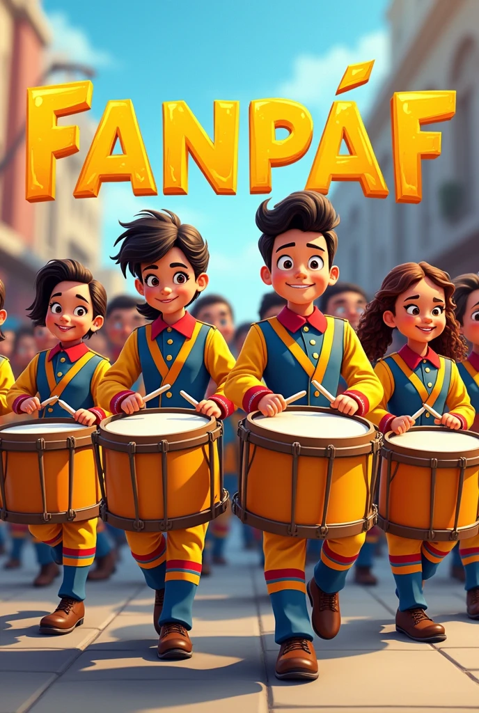 A marching band with several people and them in a row with the drum instruments in their hands playing, and their clothes are yellow with dark blue and the name FANPAF in the image, and the image in the form of a Disney cartoon 