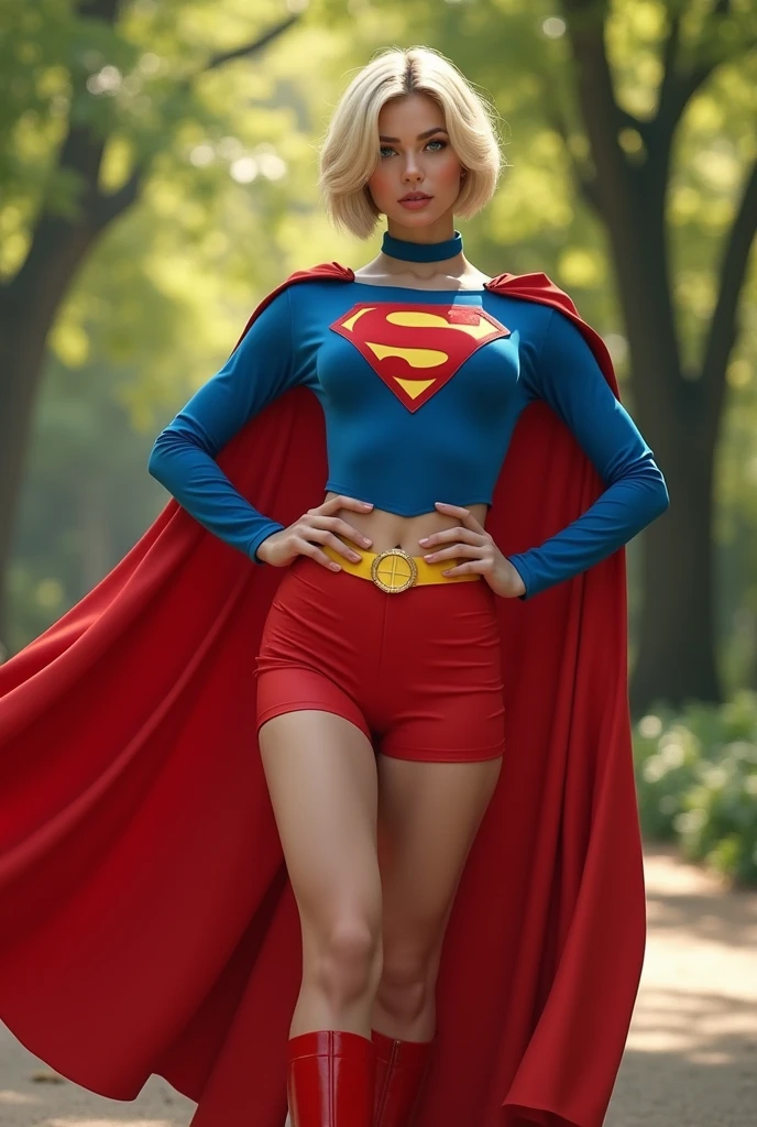 A SEXY LARGE BREASTED TEEN FEMALE, SHORT BLONDE HAIR, BLUE EYES, WEARING A 1970 BLUE BUTTONLESS, COLLARLESS OPEN SUPERGIRL BLOUSE WITH THE "S"EMBLEM ON THE RIGHT SIDE OF HER CHEST SEEMLESSLY ATTACHED TO PAIR OF RED SHORTS WITH A YELLOW SUPERGIRL BELT, TALL RED HEELED BOOTS, A BLUE CHOKER, AND A LONG FLOWING RED CAPE. .INCREDIBLEY DETAILED AND TEXTURED IN FULL 8K HD RESOLUTION. PARK BACKGROUND.