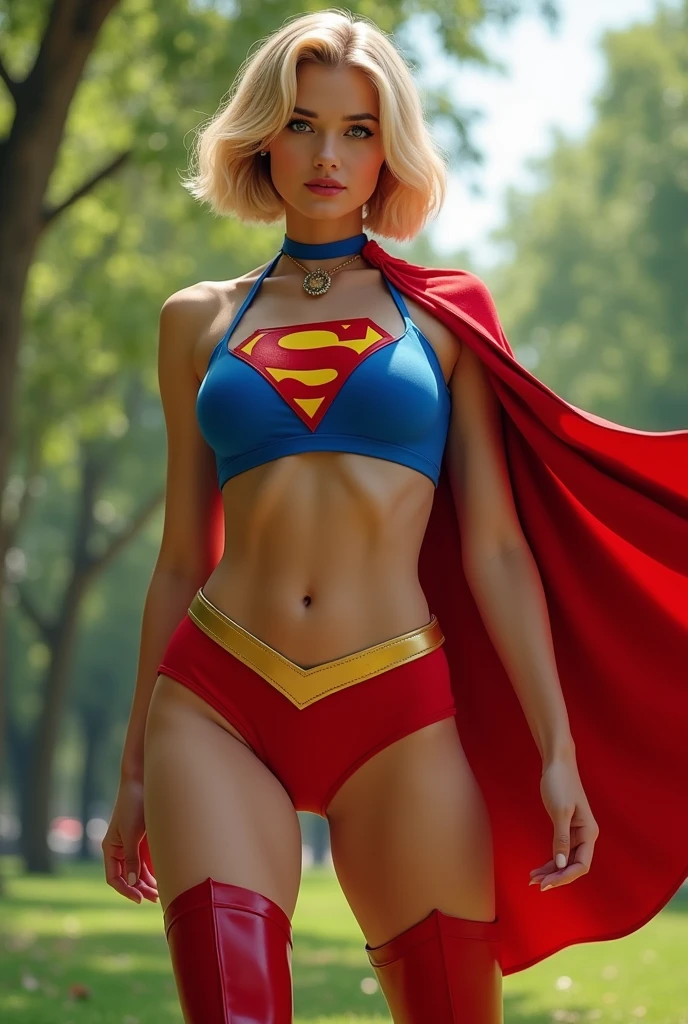 A SEXY LARGE BREASTED FEMALE, SHORT BLONDE HAIR, BLUE EYES, WEARING A 1970 BLUE BUTTONLESS, COLLARLESS OPEN SUPERGIRL BLOUSE WITH THE "S"EMBLEM ON THE RIGHT SIDE OF HER CHEST SEEMLESSLY ATTACHED TO PAIR OF RED SHORTS WITH A YELLOW SUPERGIRL BELT, TALL RED HEELED BOOTS, A BLUE CHOKER, AND A LONG FLOWING RED CAPE. .INCREDIBLEY DETAILED AND TEXTURED IN FULL 8K HD RESOLUTION. PARK BACKGROUND.