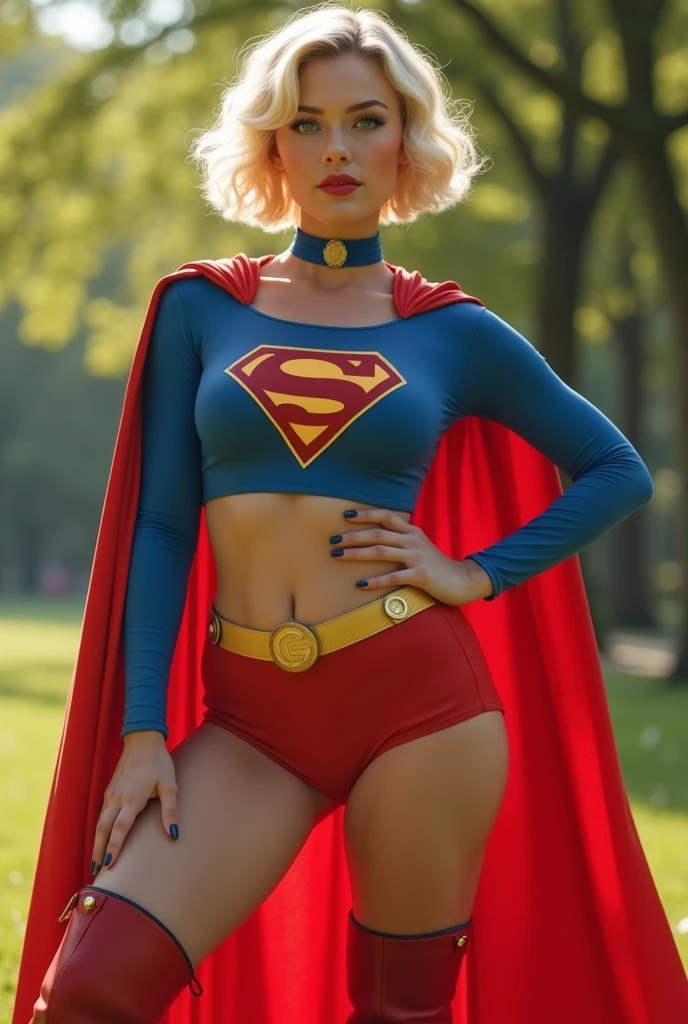 A SEXY LARGE BREASTED TEEN FEMALE, SHORT BLONDE HAIR, BLUE EYES, WEARING A 1970 BLUE BUTTONLESS, COLLARLESS OPEN SUPERGIRL BLOUSE WITH THE "S"EMBLEM ON THE RIGHT SIDE OF HER CHEST SEEMLESSLY ATTACHED TO PAIR OF RED SHORTS WITH A YELLOW SUPERGIRL BELT, TALL RED HEELED BOOTS, A BLUE CHOKER, AND A LONG FLOWING RED CAPE. .INCREDIBLEY DETAILED AND TEXTURED IN FULL 8K HD RESOLUTION. PARK BACKGROUND.