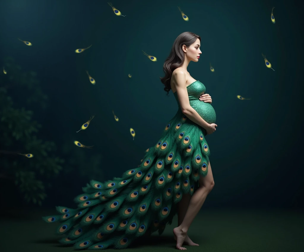 Make a realistic peacock with humanoid features of a pregnant woman, full body shot dress should be look like make peacock feather . hig hress image . green background peackock freather in background