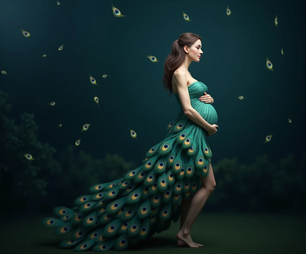 Make a realistic peacock with humanoid features of a pregnant woman, full body shot dress should be look like make peacock feather . hig hress image . green background peackock freather in background