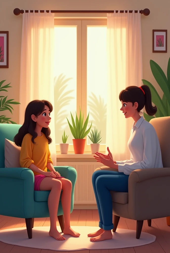 A scene of a girl receiving therapy, Sitting in a quiet, cozy room, Consult a doctor. The girl is sitting comfortably in an armchair, While the doctor was in the chair in front of her, listen carefully. The living room has soft lighting that creates a cozy atmosphere., The walls are decorated with some plants and artwork., Gives tranquility. The girl is honest in expressing her feelings and thoughts., While the doctor listens to her with empathy and understanding.. This scene、It creates an atmosphere of support and care that is essential in a therapy session.。.