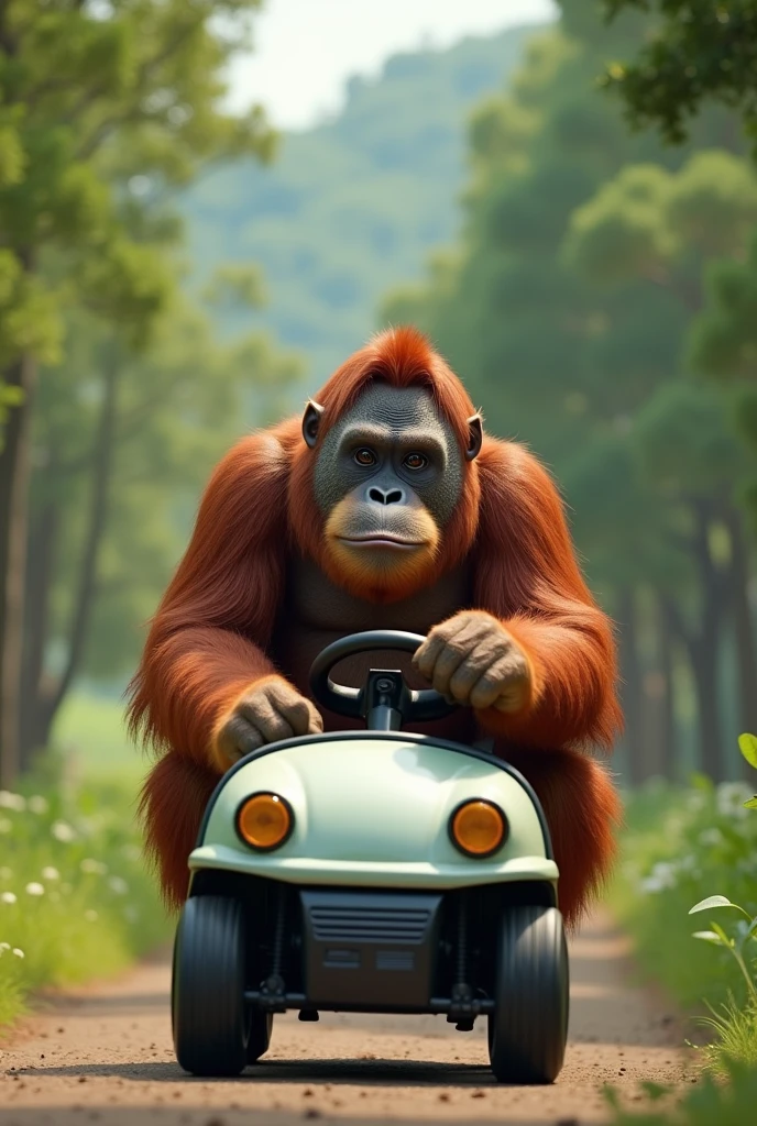 an orangutan driving a golf cart