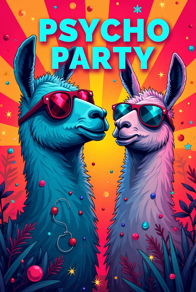 party poster, club, psychology, psycho party, poster, bright colors,  brain,  lots of free space for text, vector, vector style,  text psycho party in the center, party, hangout, science, llamas at a party with glasses