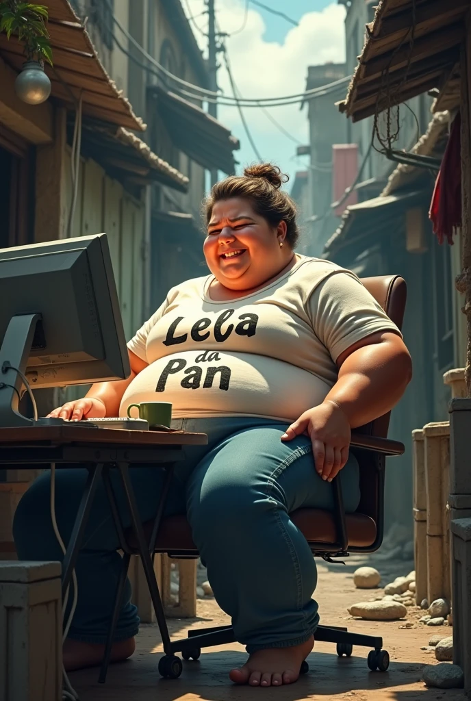 an extremely obese white woman in front of the computer in the favela with a shirt that says lela da pan and laughing
