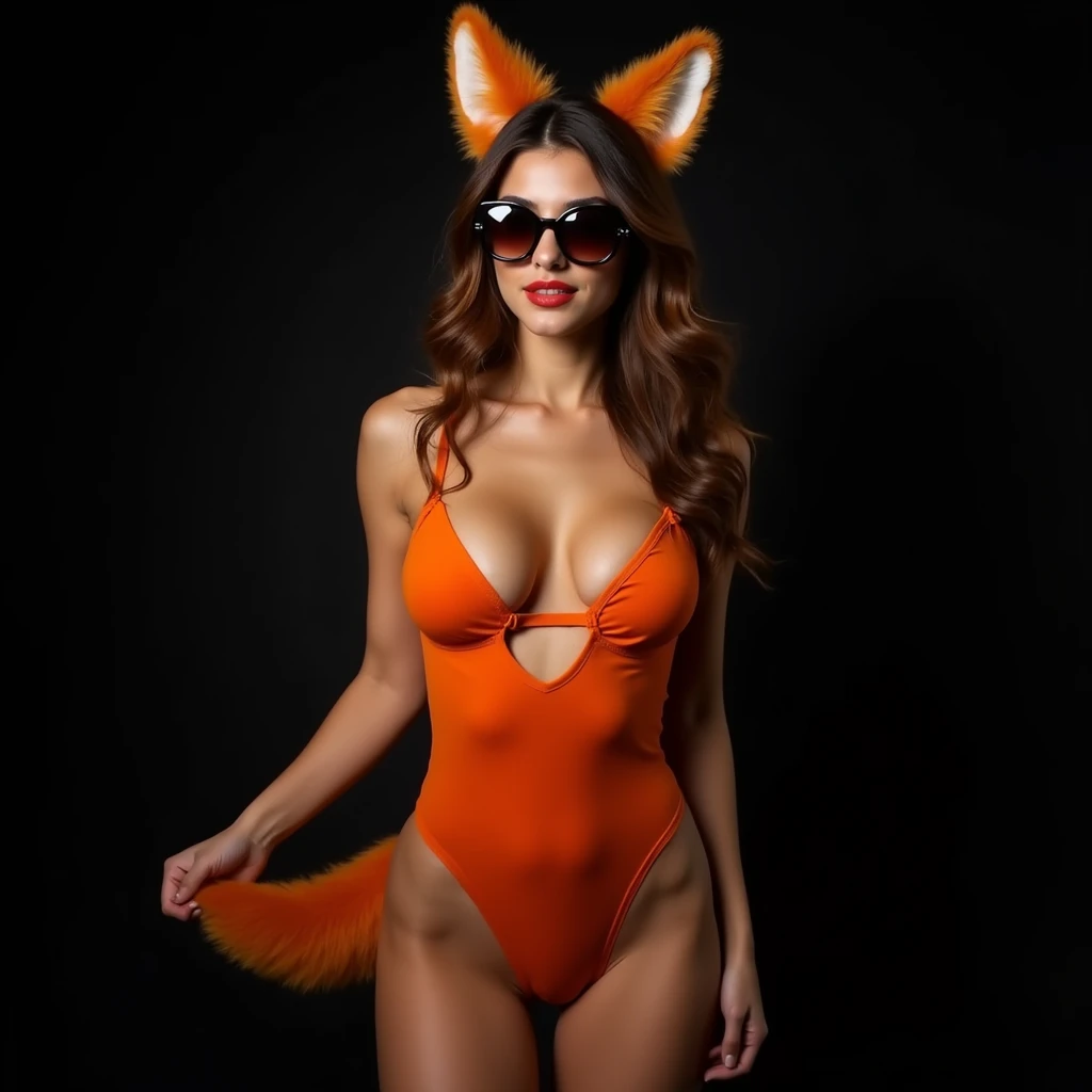 Latin woman, 17 years, huge breasts, sunglasses, Fox tail, fox ears, orange one piece lingerie, Photo studio, Black background