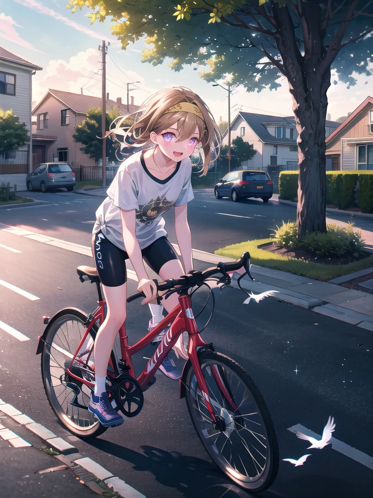 ((8k, Highest quality, masterpiece: 1.3)),Ultra-high resolution,(1 girl, alone), (Color changing eyes, Ultra-detailed, Expressive brilliance, Glitter, Glowing Eyes), Highly detailed eyes, Highly detailed face, Random Hair, ((pastel colour))A young girl with short, light brown hair, tied back with a headband, rides her bike through a quiet suburban neighborhood. She’s dressed in a casual T-shirt and shorts, with sneakers on her feet. Her expression is one of joy as she pedals along the smooth pavement, the wind blowing through her hair. The neighborhood is peaceful, with well-kept lawns, trees lining the street, and the occasional car parked along the curb. The sun is shining brightly, casting long shadows on the road, and the sound of birds chirping fills the air. A few houses have their doors open, with people enjoying the warm weather.