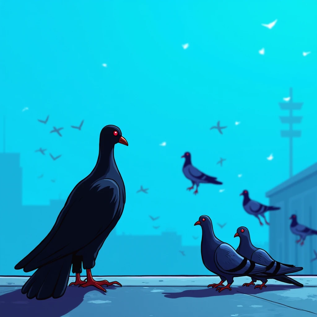 Black shadow of a pigeon watching another pigeons moving away, cartoon, Vice City GTA, blue background