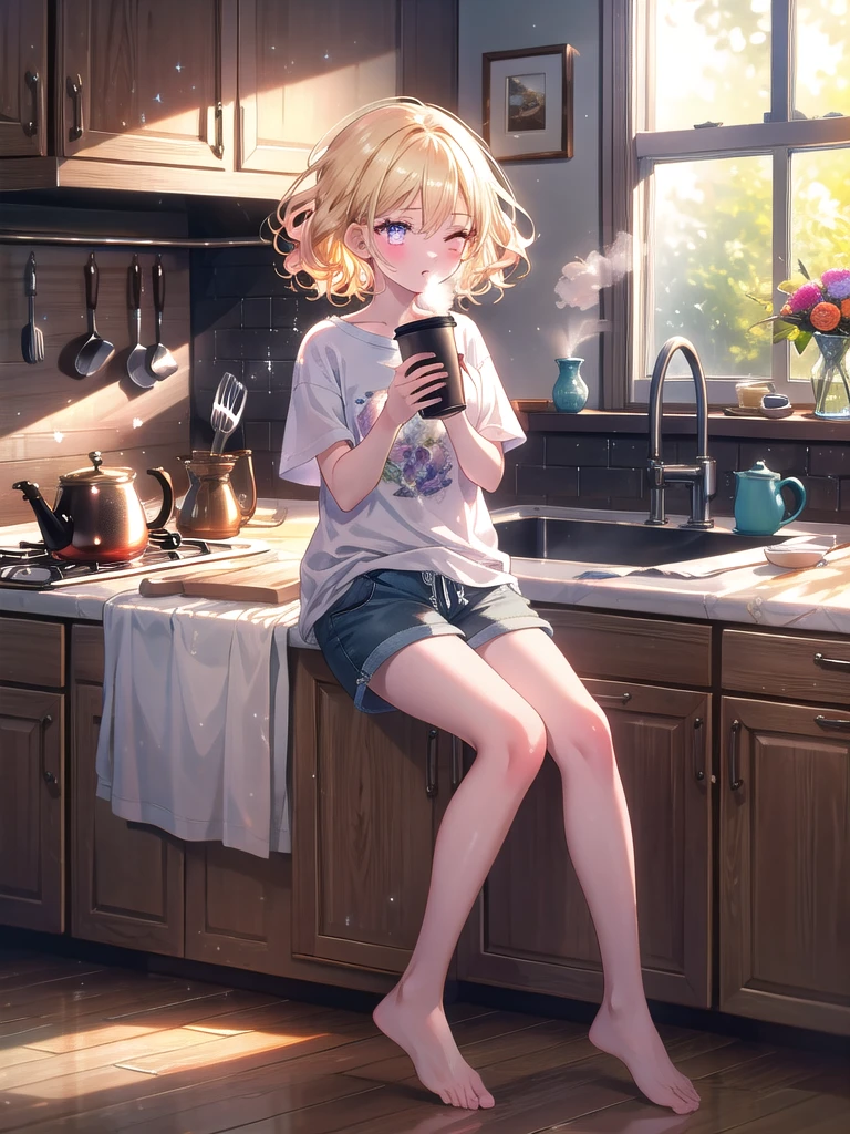((8k, Highest quality, masterpiece: 1.3)),Ultra-high resolution,(1 girl, alone), (Color changing eyes, Ultra-detailed, Expressive brilliance, Glitter, Glowing Eyes), Highly detailed eyes, Highly detailed face, Random Hair, ((pastel colour))A young girl with short, curly blonde hair sits at a small table in her kitchen, enjoying her morning coffee. She’s dressed in a casual T-shirt and shorts, her feet bare against the cool kitchen floor. The sunlight streams through the window, casting a warm glow on her face as she sips from her mug. Her expression is relaxed, her eyes slightly closed as she enjoys the quiet morning. The kitchen is neat and tidy, with a few dishes in the sink and a small vase of flowers on the table. The coffee cup is steaming, and the aroma fills the air, creating a peaceful start to the day.