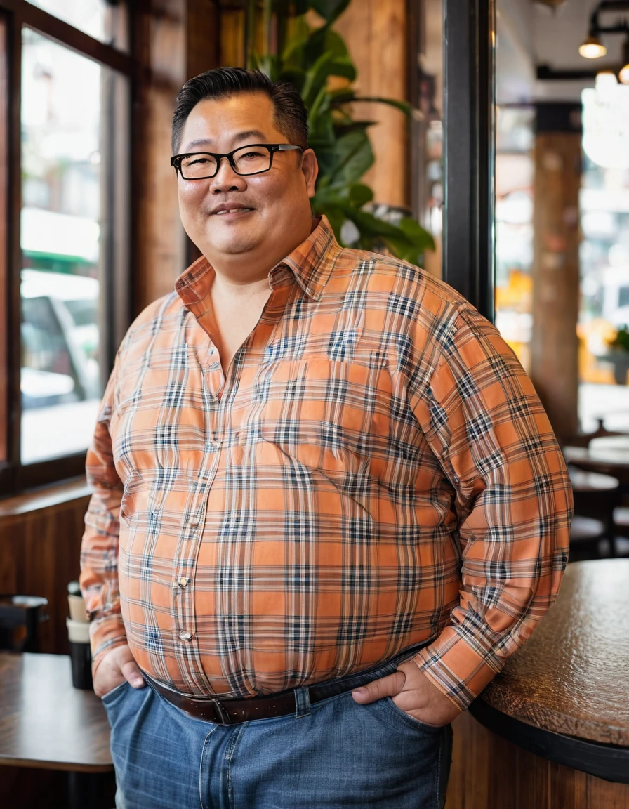 Man, Asian, 50 years old, Fat, Chubby, wearing glasses, a thin, light orange plaid shirt, Unbuttoned the shirt, Shirtless, wearing Jeans, standing, coffee shop, by the window.