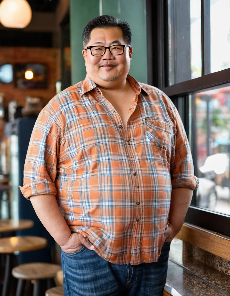 Man, Asian, 50 years old, Fat, Chubby, wearing glasses, a thin, light orange plaid shirt, Unbuttoned the shirt, Shirtless, wearing Jeans, standing, coffee shop, by the window.