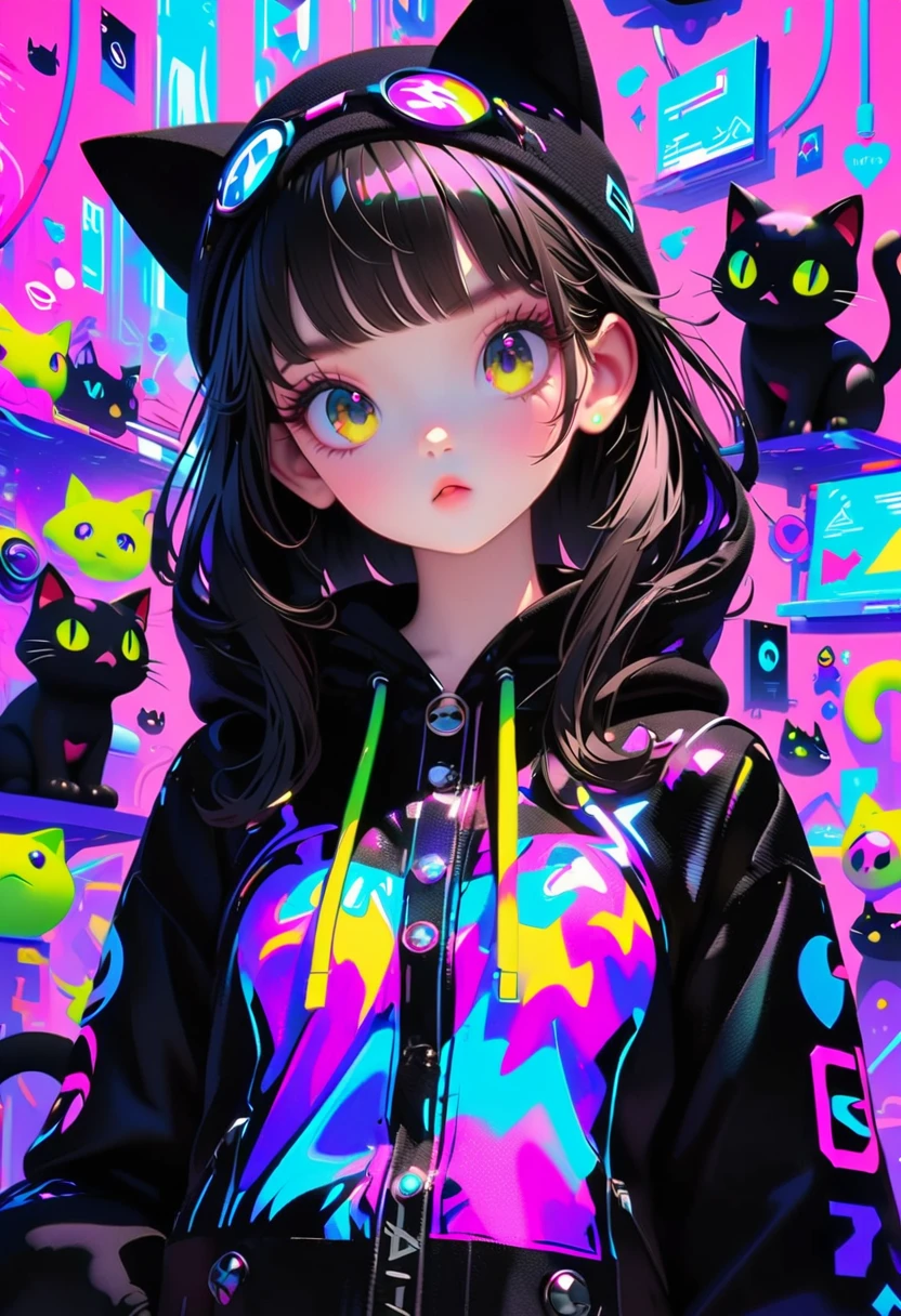 Style 5,Style 7,Anime girl with black hair and cat hat, anime style illustration, Moe Art Style, Wallpaper 8K, digital illustration, beautiful catwoman, She wears a hoodie with animal ears and technowear, futuristic fashion in black and holographic colors, Lots of details and buttons on it, Cable protruding from the casing, The background is a simple pattern with cat figures and paws, purple and black, black cat eyes, holographic, holographic details