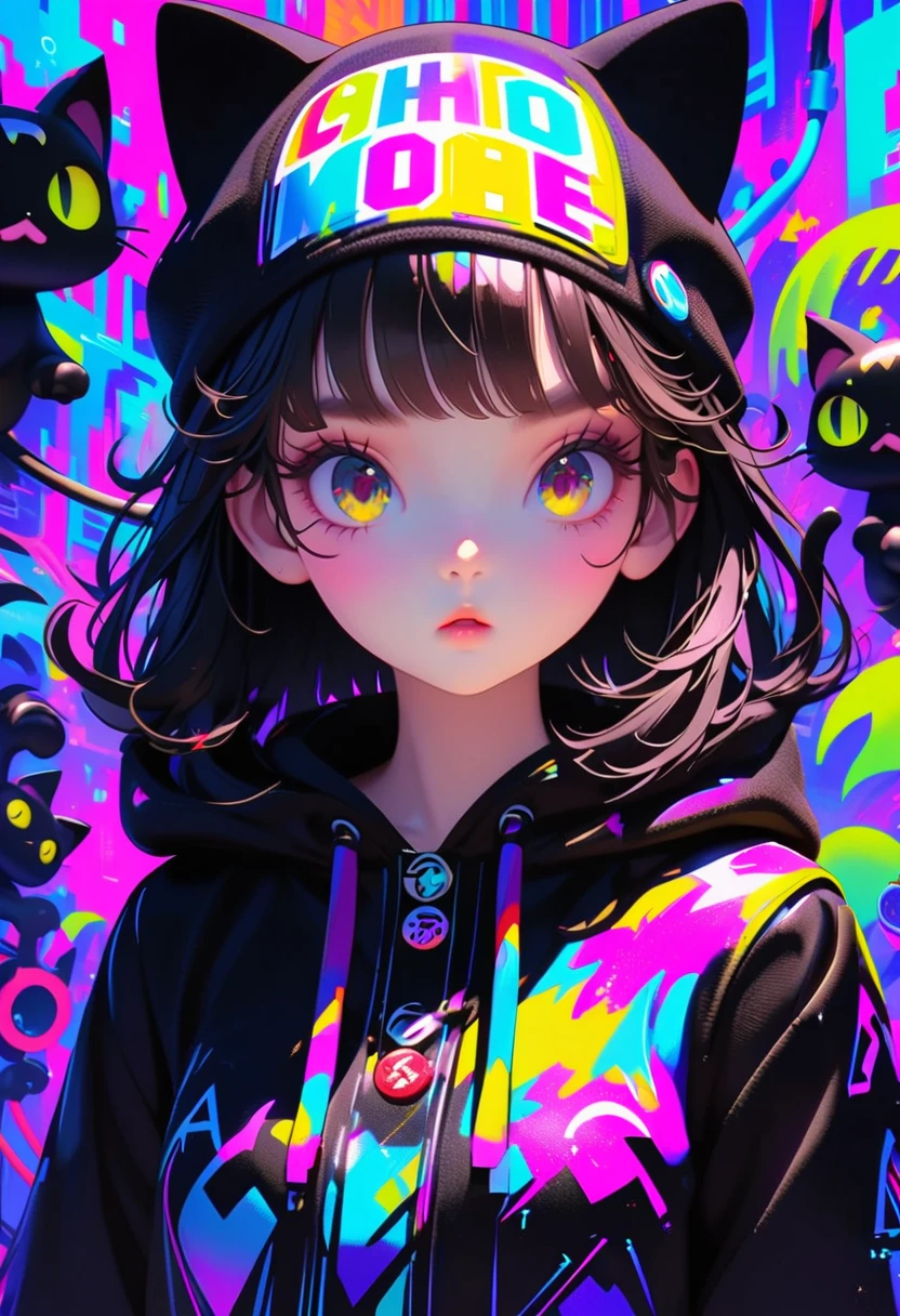 Style 5，Style 7，Anime girl with black hair and cat hat, anime style illustration, Moe Art Style, Wallpaper 8K, digital illustration, beautiful catwoman, She wears a hoodie with animal ears and technowear, futuristic fashion in black and holographic colors, Lots of details and buttons on it, Cable protruding from the casing, The background is a simple pattern with cat figures and paws, purple and black, black cat eyes, holographic, holographic details