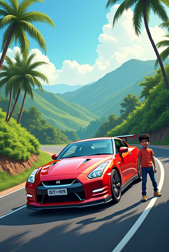 Nissan GTR  in Kerala road and a boy on car side on cartoon