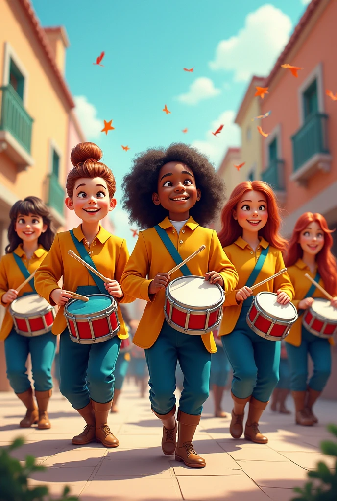 A marching band with several people and them in a row with the drum instruments in their hands playing, and their clothes are yellow with dark blue and the name FANPAF in the image, and the image in the form of a Disney cartoon