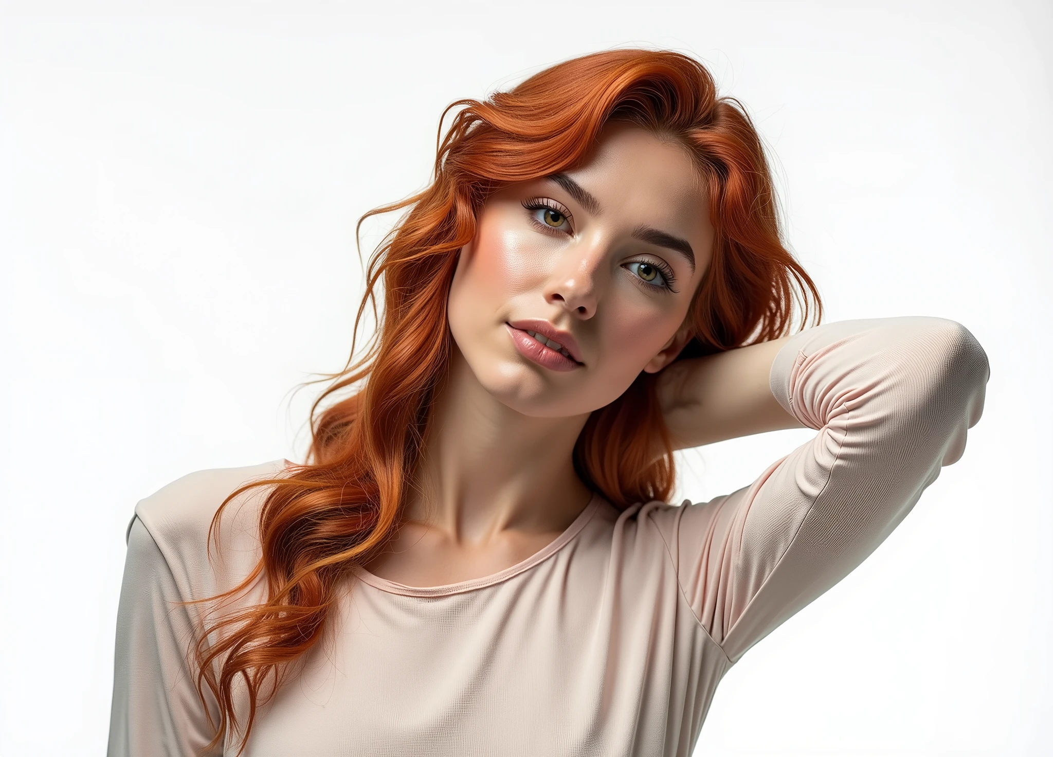 hyper-realistic photo of a woman with (((Red hair))), shown from the bust up, (((8))), with the entire upper body fully visible within the frame. Her hair must be extremely voluminous(((Red hair))), well maintained and perfectly styled. Make sure the woman is portrayed with a clear and natural expression. (((white background))), No details or distractions, just a smooth white surface. The entire upper body of the woman should be fully visible, without any part cut off. (((white background))) Use soft, flat lighting to highlight the texture and shine of her hair and skin.(((Red hair))). The photo must be ultra photorealistic, (((white background))), clear as crystal, 8K  UHD, with fine details and a high quality polished finish. Make sure the entire image is sharp and in focus., no blur or softness. Use the lens at its widest aperture to achieve maximum sharpness and ensure that every detail in the image is perfectly clear and in focus..