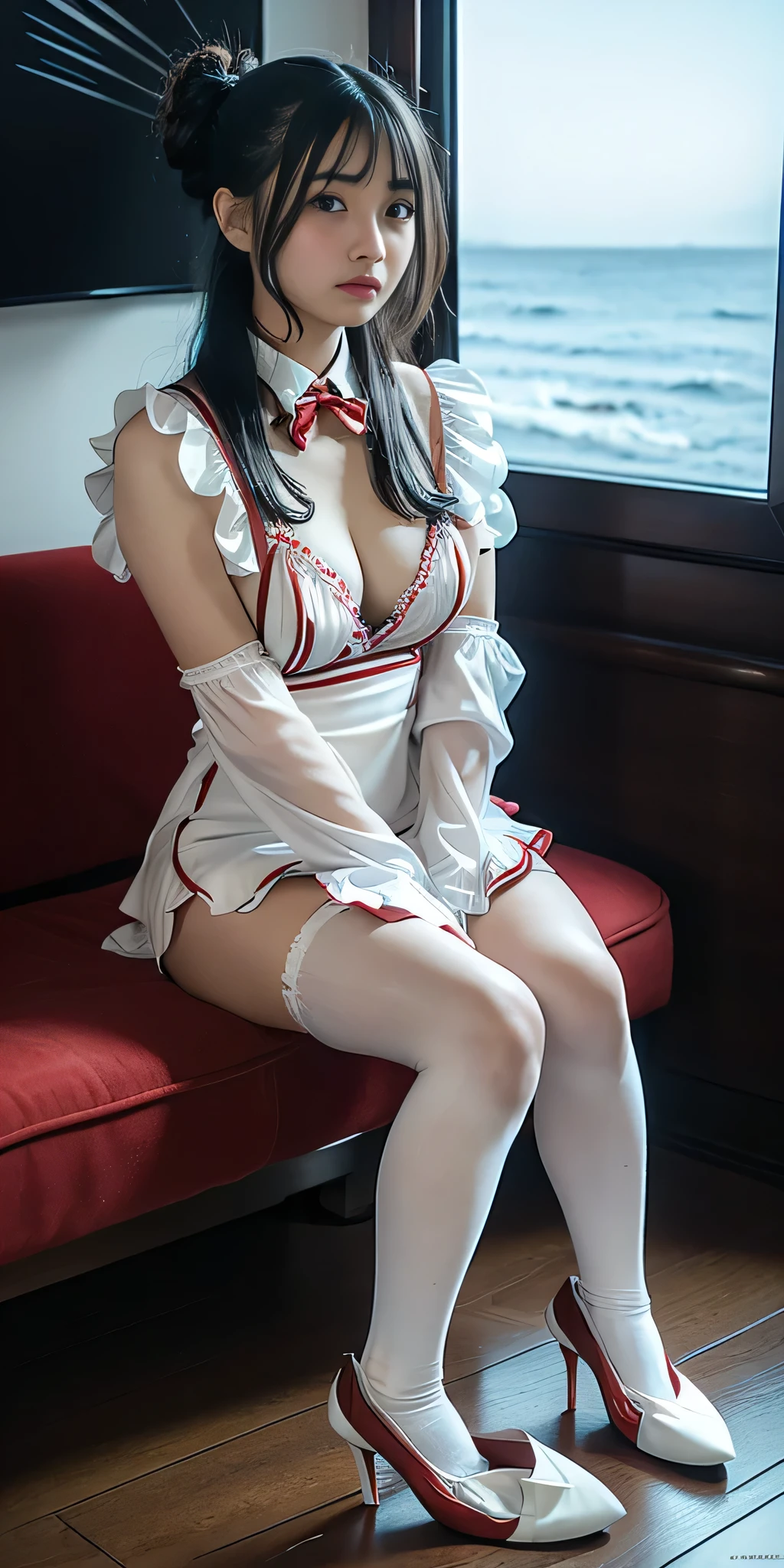 (8k,RAW Photos,Like the picture:1.45),Detailed skin, Detailed face, Detailed eyes, Dutch Angle, Perfect hands, from the front, One person, Cute Japanese Woman, young, Beautiful women in their 20s, 2, Small BreastsOne person, Adult, Mature Woman, Very huge face bigger breasts, Browsing Caution, lingerie, Avatar (series), CHAR-F Avatarseries トフ・ベイフォン シュリク作, (Black Hair:1.2), , Poor Complex (Red-white:1.5) Night dress, , (Long frilly elbow gloves, Lace knee socks, High heels:1.15), (Updo:1.3), Embarrassing, tears, Sitting, wave hands, (Snowy Coast)in,