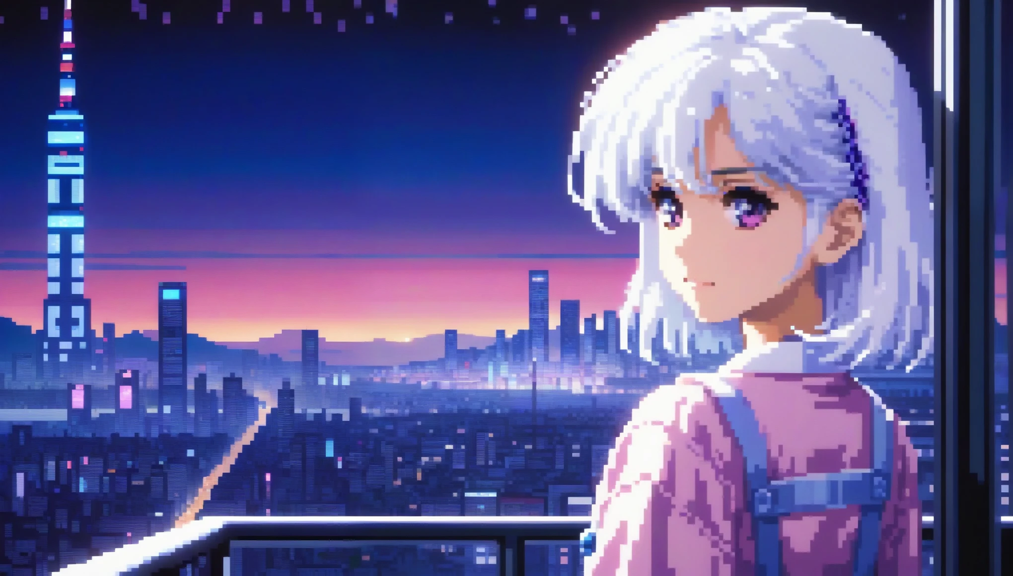 ((Highest quality)), ((masterpiece)), (detailed), One girl, セクシーHighest quality, masterpiece, Very detailed, detailedな背景, anime, one person&#39;s, young, , White Hair,　 Atmospheric lighting, Focus Only, close　 Written boundary depth, Bokeh　1990年代anime　１９８０年代anime　１９８０Fashion of the time　 　City Pop 　　 Purple Eyes　B90,W60，H90 White Skin　Pink lighting　Pale pink clothing pixel, 16-bit Style, Pixel art, Nintendo game scene, Cool colors, green,With Shinjuku at night in the background, Skyscraper, Skyline, Modern, Colorful lights, dark, Girl in the foreground, whole body,