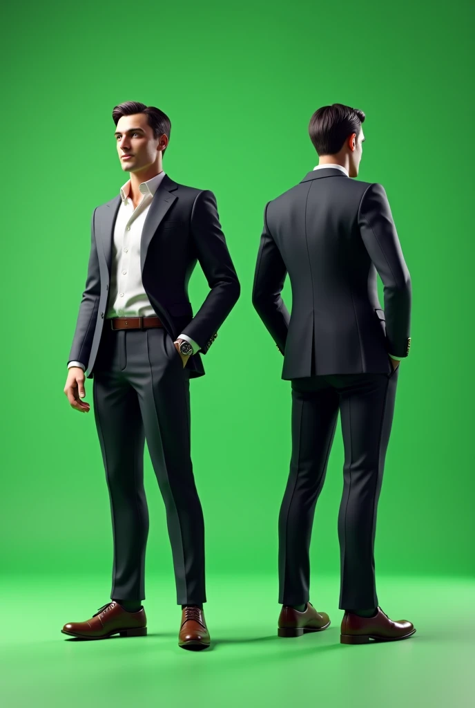 Can you make 3d pose character in pubg mobile survey front and back green screen background and the theme is debonair male