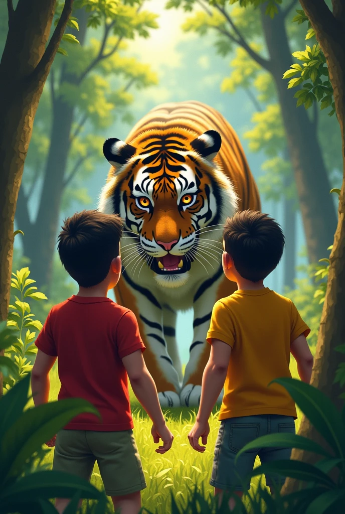 Two friend in the forest in attack tiger Red shirt