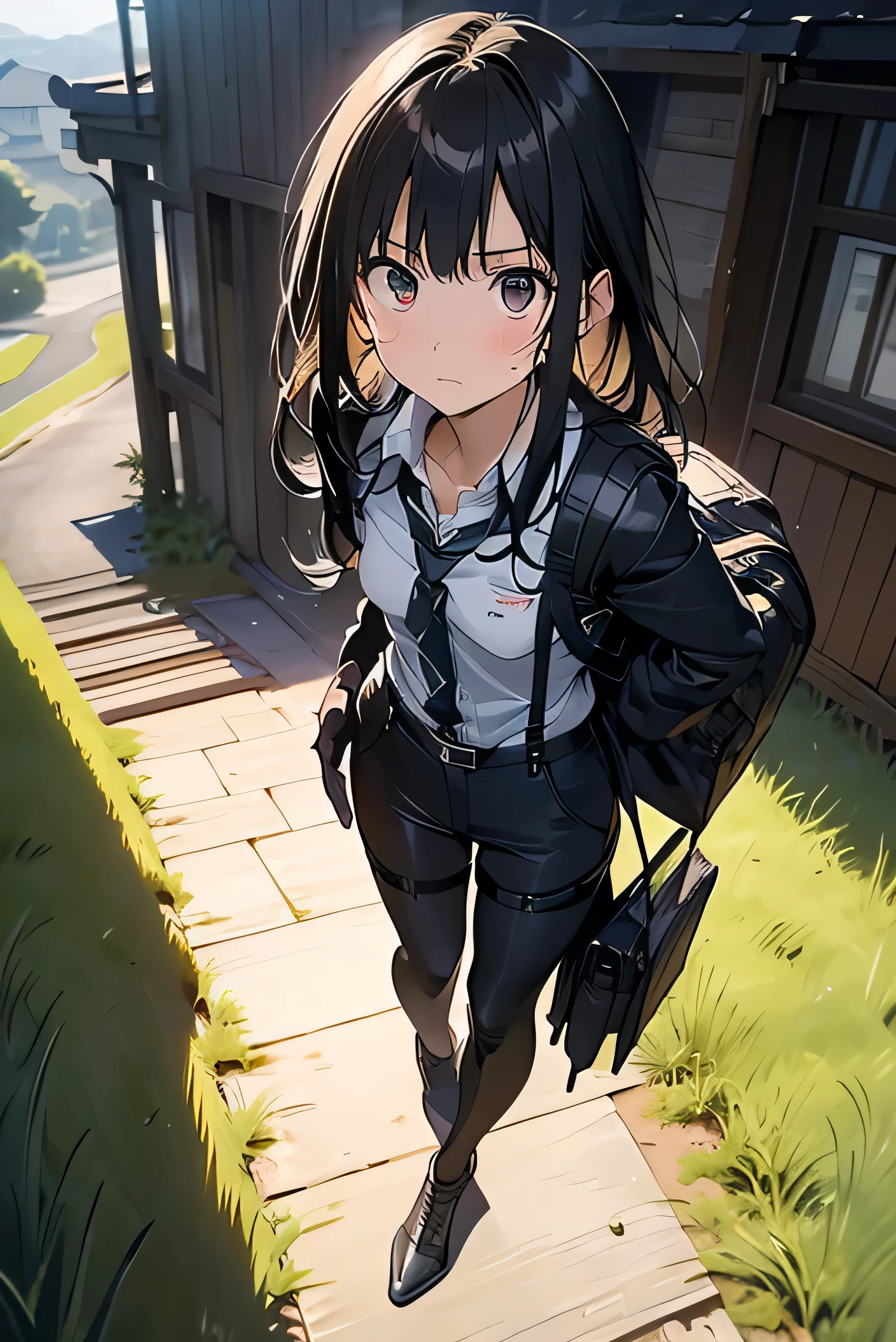 high quality, masterpiece, Ultra-high resolution, (realism: 1.4), Oil painting style, Cinema Lighting, An endless grassland dotted with a few houses, I stood on the empty asphalt road and looked at it.., Fairy Mountain々Shrouded in fog, And suspenders with flying cranes Medium chest Small face holster Lying in bed look up Sweat belt summer 脇Sweat Black Hole Gloves suit shirt Black jacket Black trousers Leg Links ズボンにbelt holster fold your hands behind your back Anxious expression look up Anxious face