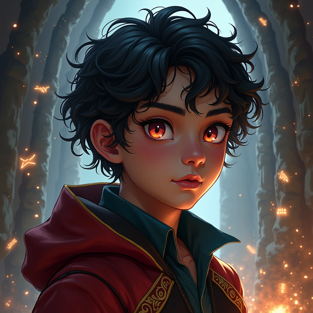 (A masterpiece, high quality, Detailed 8k CG wallpaper and exquisite illustration) miguel, a young and talented Latin sorcerer: Dark, delgado, Curly hair, , with heterochrony, (protagonist).