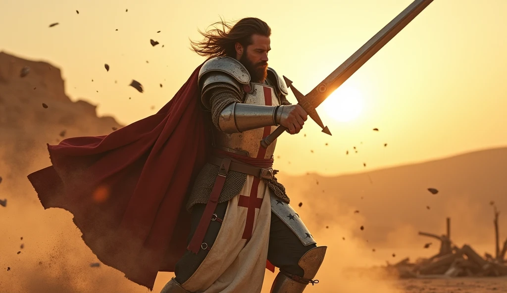 (masterpiece, best quality, ultra-detailed, photorealistic:1.4), (epic lighting, dynamic pose, cinematic:1.3), (focused on the hero), mid-length hair, well-groomed beard, (wearing a Templar knight armor with a red cross), (holding a sword with both hands, about to strike downward with a powerful vertical swing), (intense expression of determination on his face), (dust and debris around, adding dramatic effect), (dynamic wind blowing through his hair and cape), (sunset lighting casting long shadows on the battlefield), (highly detailed textures on the armor, showing scratches and battle damage), (background: barren desert battlefield, with scattered armor and weapons, slightly blurred to keep focus on the hero)