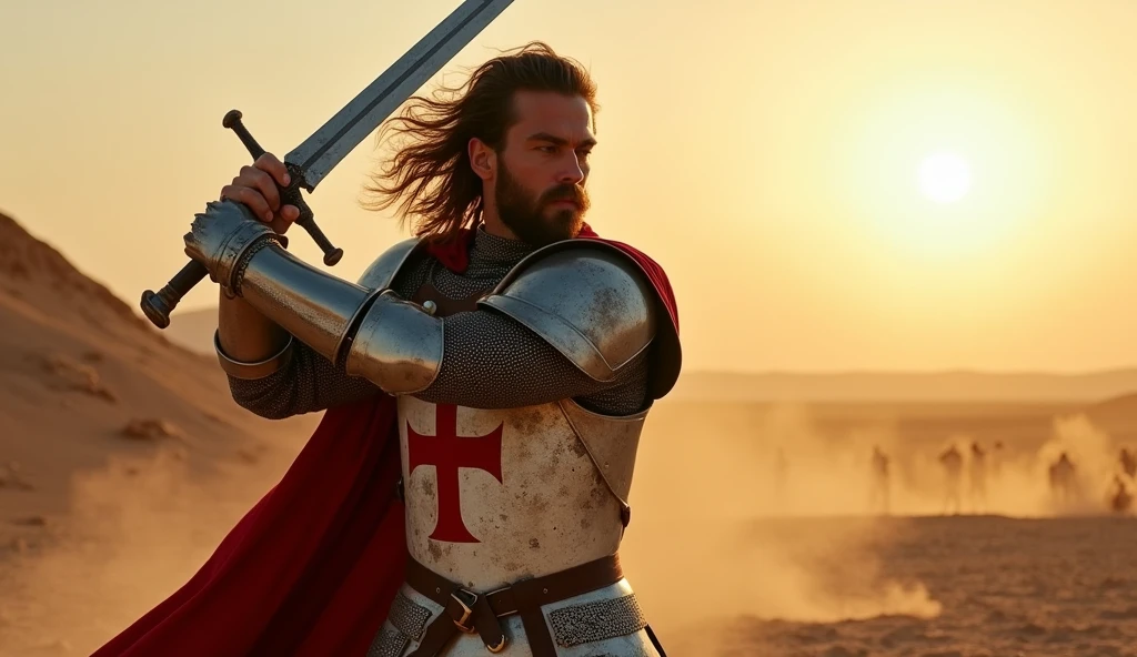 (masterpiece, best quality, ultra-detailed, photorealistic:1.4), (epic lighting, dynamic pose, cinematic:1.3), (focused on the hero), mid-length hair, well-groomed beard, (wearing a Templar knight armor with a red cross), (holding a sword with both hands, about to strike downward with a powerful vertical swing), (intense expression of determination on his face), (dust and debris around, adding dramatic effect), (dynamic wind blowing through his hair and cape), (sunset lighting casting long shadows on the battlefield), (highly detailed textures on the armor, showing scratches and battle damage), (background: barren desert battlefield, with scattered armor and weapons, slightly blurred to keep focus on the hero)