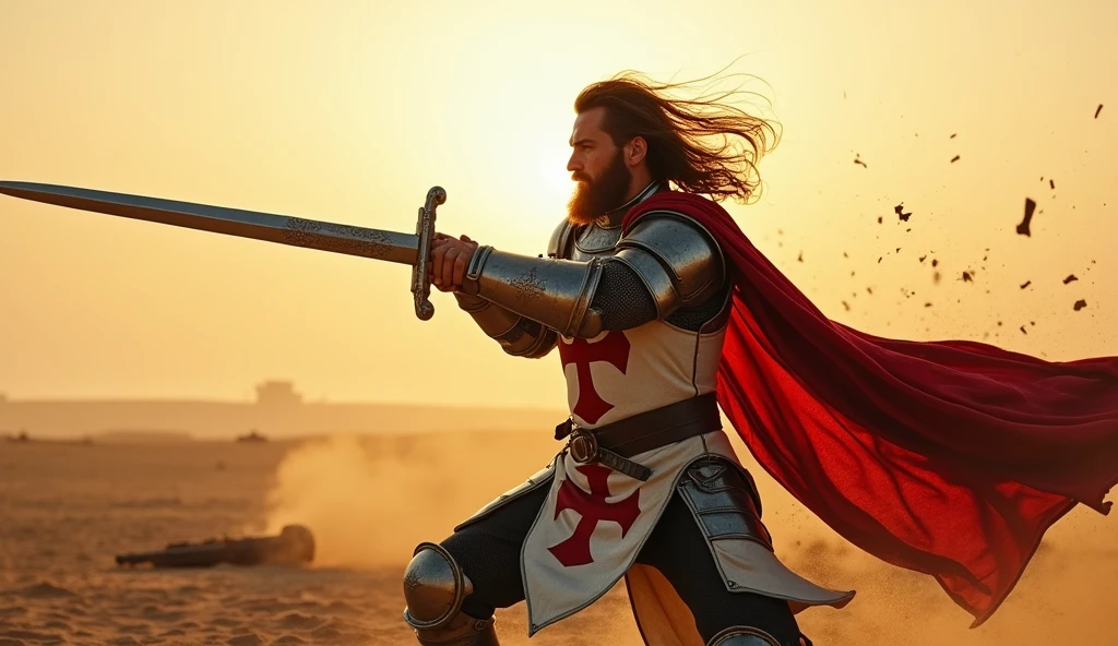 (masterpiece, best quality, ultra-detailed, photorealistic:1.4), (epic lighting, dynamic pose, cinematic:1.3), (focused on the hero), mid-length hair, well-groomed beard, (wearing a Templar knight armor with a red cross), (holding a sword with both hands, about to strike downward with a powerful vertical swing), (intense expression of determination on his face), (dust and debris around, adding dramatic effect), (dynamic wind blowing through his hair and cape), (sunset lighting casting long shadows on the battlefield), (highly detailed textures on the armor, showing scratches and battle damage), (background: barren desert battlefield, with scattered armor and weapons, slightly blurred to keep focus on the hero)