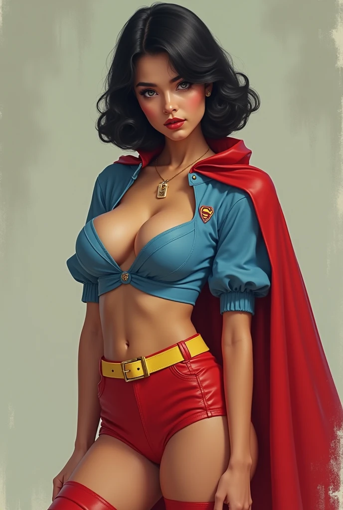 A SEXY BUSTY FEMALE WEARING A 1970 BLUE OPEN V BUTTONLESS BLOUSE WITH A SMALL "S"EMBLEM ON THE RIGHT SIDE OF HER CHEST, A PAIR OF RED SHORTS WITH A YELLOW BELT, TALL RED HEELED BOOTS, A BLUE CHOKER, AND A LONG FLOWING RED CAPE.