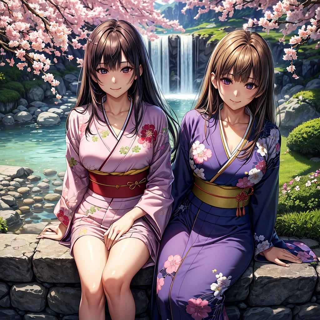 (Masterpiece:1.5, Highest quality, Realistic:1.2), Beautiful illustrations, (Natural Side Lighting, Cinema Lighting), , View your viewers, 1 person, Japanese, Beautiful adult woman:24-years-old, Perfect Face, Cute and symmetrical face, Glowing Skin, (Long Hair:1.5, Straight hair:1.4, Light brown hair), Blunt bangs, Swept-apart bangs, Big eyes, Droopy eyes, Purple eyes, Long eyelashes, (Medium chest), thin, Beautiful Hair, Beautiful Face, Beautiful attention to detail, Beautiful clavicle, Beautiful body,Beautiful thighs, Beautiful feet, Beautiful fingers, ((kimono:Threads and Japanese patterns)), smile,, Beautiful views, Beautiful waterfront:Waterfall and stone steps:Cherry tree, (かわいらしいsmile, Upward glance),