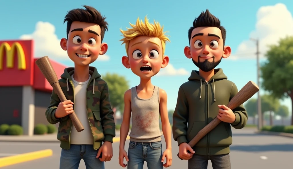 Im Stil von Pixar 3D-Animation filmen (Caricature). Three young men stand in the parking lot of a Mc Donalds. All three have a small club in their hand and look daring.
The first man is slightly taller than the others and wears camouflage clothing. 
The second is slightly smaller, has short blonde hair and a crazy look, he is wearing a dirty undershirt.
The third man has short black hair and a narrow black beard, he wears a hoodie.