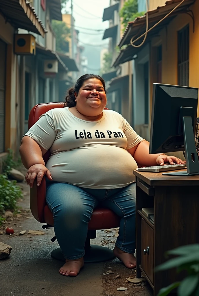 an extremely obese white woman in front of the computer in the favela with a shirt that says lela da pan and laughing