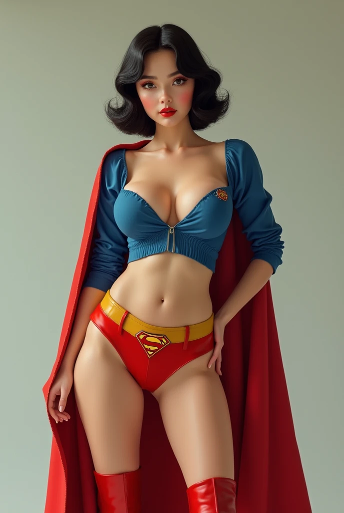 A SEXY BUSTY TEEN FEMALE WEARING A 1970 BLUE OPEN V BUTTONLESS BLOUSE WITH A SMALL "S"EMBLEM ON THE RIGHT SIDE OF HER CHEST, A PAIR OF RED SHORTS WITH A YELLOW BELT, TALL RED HEELED BOOTS, A BLUE CHOKER, AND A LONG FLOWING RED CAPE.