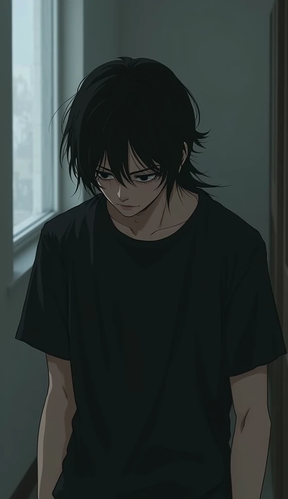 Boy with depression、Japanese、Long Hair、Black T-shirt、Look down