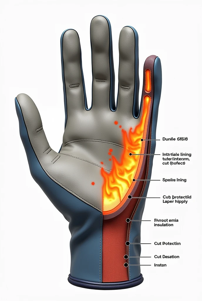 show an explanatory image of the layers of a cut-resistant and highly heat-resistant glove, robusta, for metalworking industry