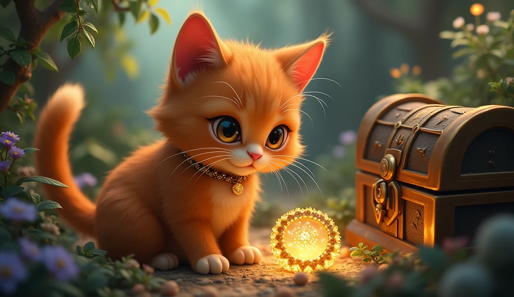 imagine/a whisker orange cat find a sparkling collar in a chest with a tag that read, “Congratulations, Whiskers! You’ve found the Hidden Treasure of Whiskerland!”