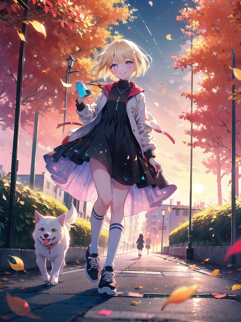 ((8k, Highest quality, masterpiece: 1.3)),Ultra-high resolution,(1 girl, alone), (Color changing eyes, Ultra-detailed, Expressive brilliance, Glitter, Glowing Eyes), Highly detailed eyes, Highly detailed face, Random Hair, ((pastel colour))A young girl with short, blonde hair, styled in a cute bob, walks her small dog in a quiet neighborhood. She’s wearing a light jacket over a simple dress, with knee-high socks and sneakers. The sky is painted in shades of orange and pink as the sun sets, casting long shadows on the pavement. The dog, a fluffy white pup, happily trots beside her on a leash. Her face is lit up with a smile, her eyes sparkling with joy as she enjoys the fresh evening air. The trees lining the street sway gently in the breeze, and a few scattered leaves crunch underfoot.