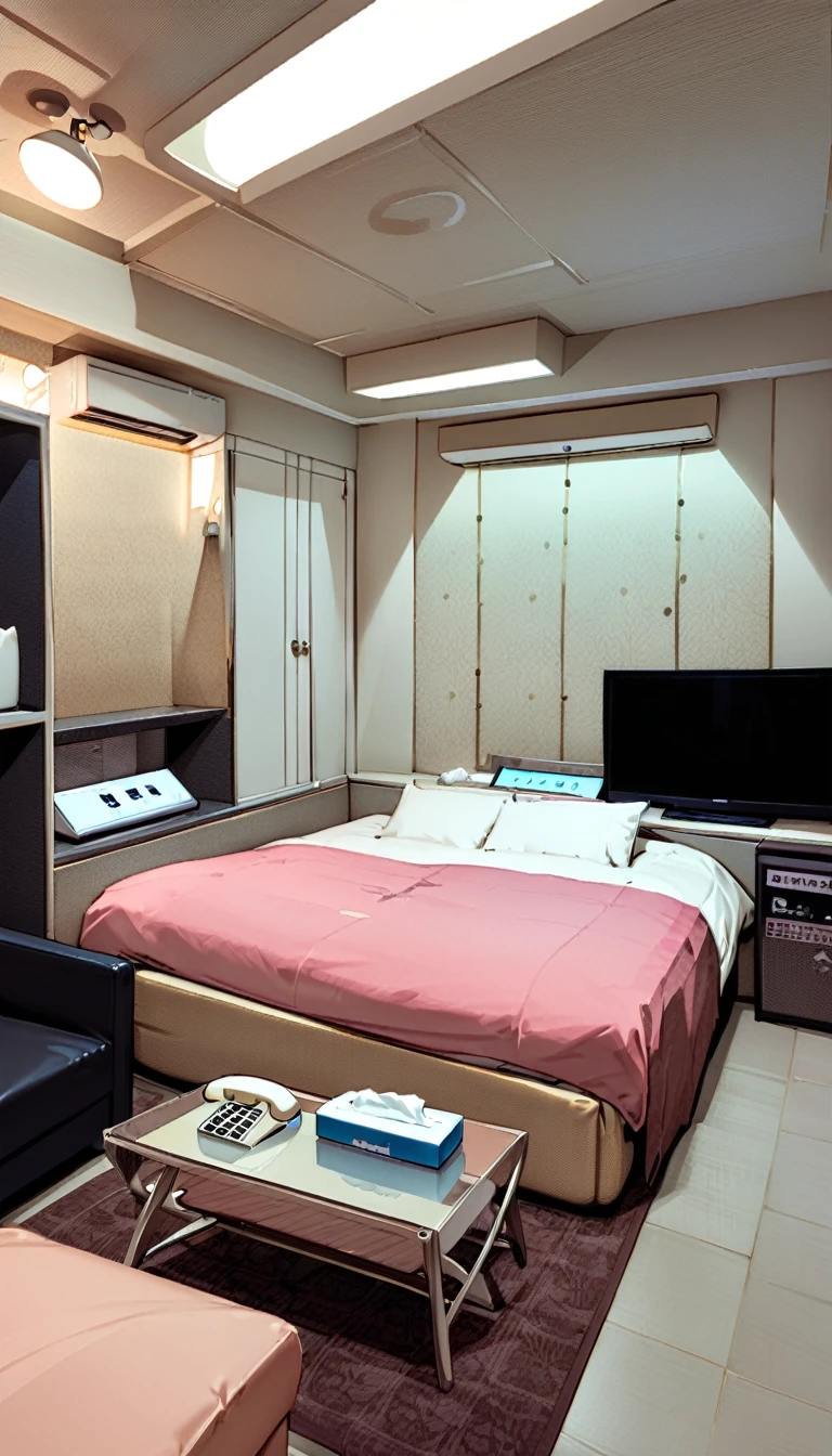 masterpiece, Highest quality, so beautiful, Absurd,
Love Hotel, LHbedpanel, scenery, bed, indoor, lamp, sofa, table, rug, bedroom, tv set, pillow, Telephone, tissue box, box, night,