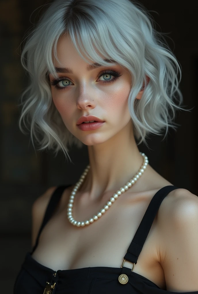 1 girl，Silver short hair，Beautiful facial features，Exquisite makeup，Exquisite eyes，Eye details，Dark eyeshadow，small freckles，Pearl Necklace，Black suspender skirt，Shoulder，arm