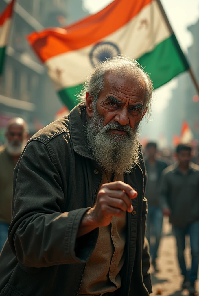 A old man Poop in indian flag