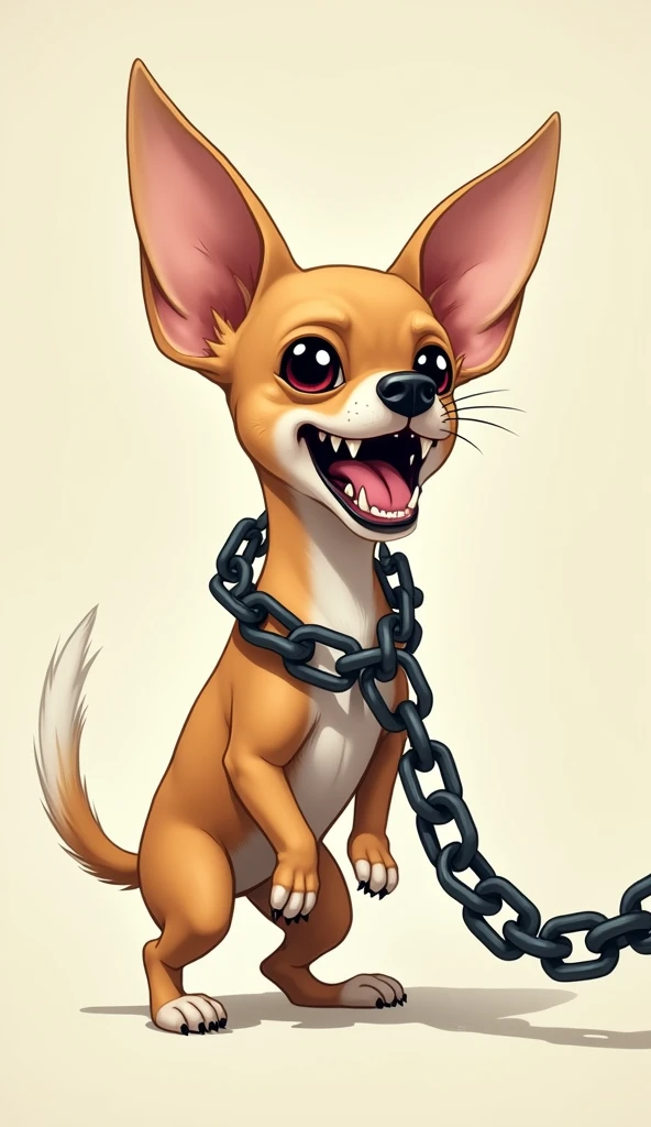 caricature, small dog chihuahua attached to huge chain, chain bigger than chihuahua, small threatening and barking chihuahua, chain attached to chihuahua's collar, stretched chain stops barking chihuahua